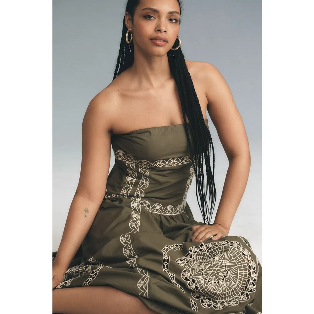 New Anthropologie Strapless Drop-Waist Embroidered Midi Dress $268 Large Olive - Picture 6 of 8